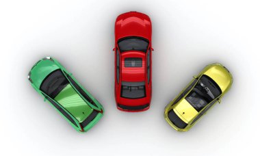Üç araba üstten görünüm beyaz bir arka plan üzerinde renkli. 3D render