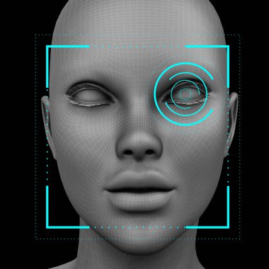 Siyah arka planda yüzü olmayan kadın yüzü tanınıyor. 3d oluşturma