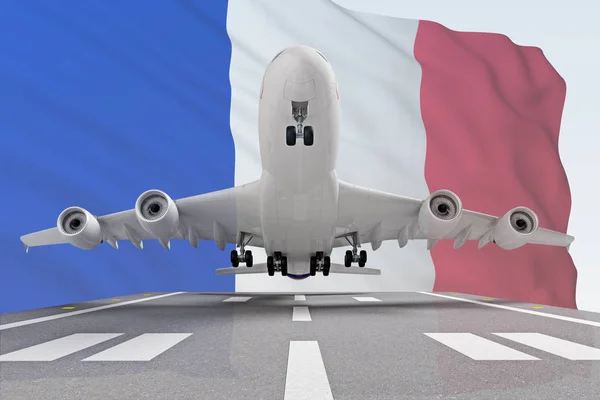 Décollage de l'avion sur fond de drapeau français — Photo