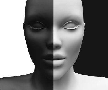siyah ve beyaz kavramı ayrılması ile kadın yüz. 3D render