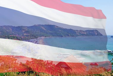 Tayland bayrağı plaj tatil ve tekne ile peyzaj üzerinde şeffaf