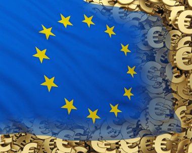 Avrupa altın euro simgesi arka plan ile 3d render bayrak