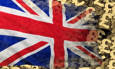 flag of britain with many gold pound symbol background. 3d rendering clipart