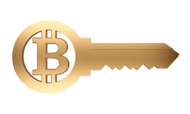 bitcoin simgesi olan altın anahtar. 3D render