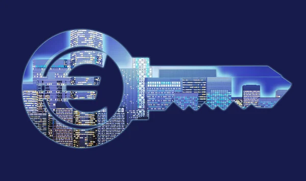 Nachtmegalopolis Schlüsselsilhouette Mit Euro Währungssymbol Darstellung — Stockfoto