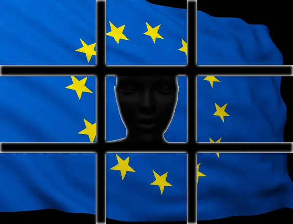 Silhueta Cabeça Atrás Das Grades Com Bandeira União Europeia Renderização — Fotografia de Stock