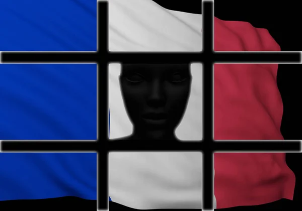 silhouette head behind bars with flag of France. 3d rendering