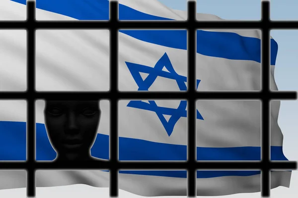 剪影头在监狱后面与以色列的旗子 — 图库照片