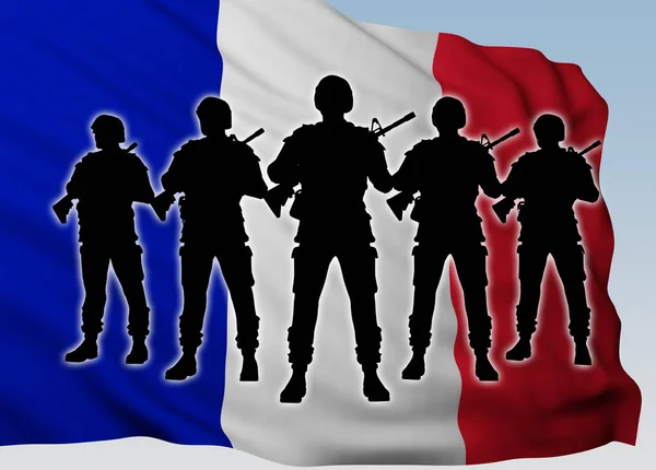 Силует Група Солдатів Проти Прапор Франції Рендерінг — стокове фото