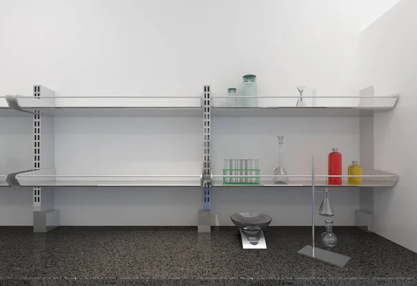 shelves with test tubes in laboratory. 3d rendering
