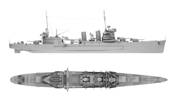 军舰在灰色的侧视图和顶部视图隔离在白色 — 图库照片