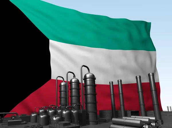 Fábrica Negra Frente Bandera Kuwait Renderizado — Foto de Stock