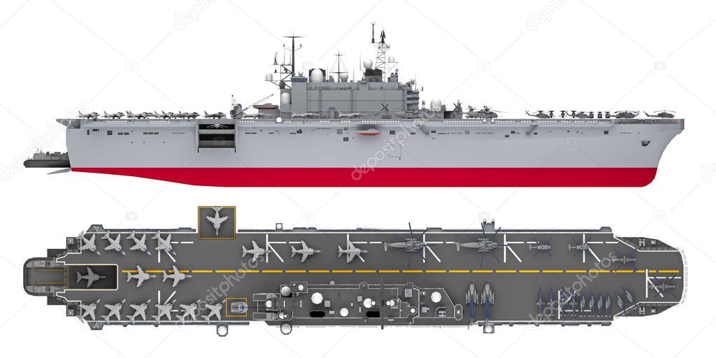 aircraft carrier side and top view isolated on white. 3d rendering