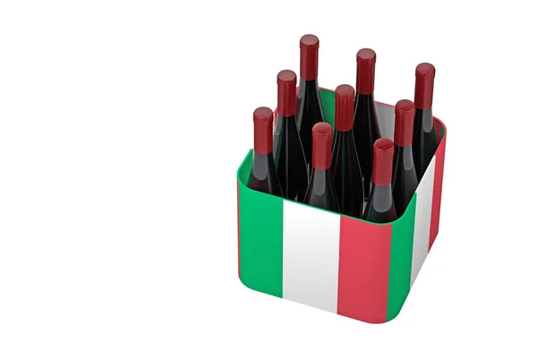Botellas Vino Una Caja Bandera Italia Renderizado —  Fotos de Stock
