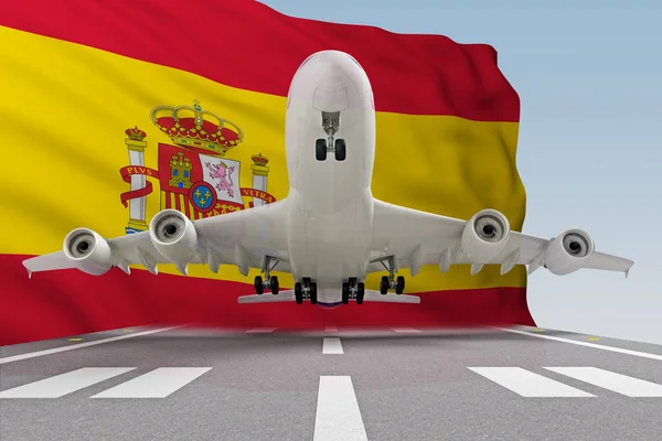 Airplane takes off against backdrop Spain flag — Stock Photo, Image