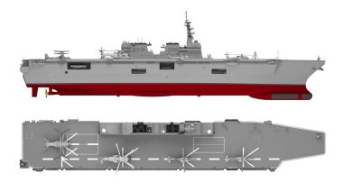 uçak gemisi yan ve üzerinde beyaz izole Üstten Görünüm