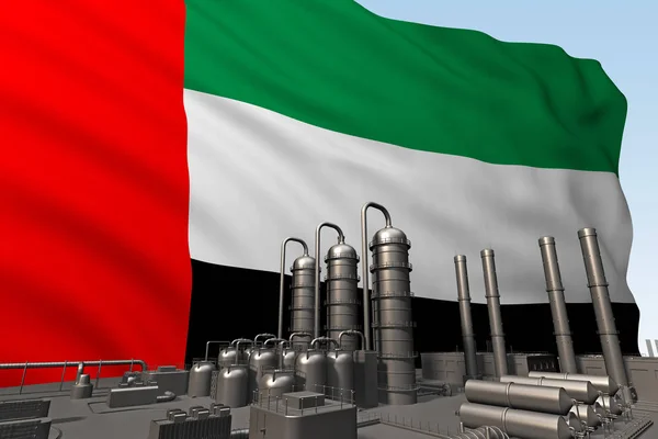 Fábrica negra frente a la bandera Emiratos Árabes Unidos — Foto de Stock