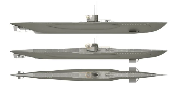 Vista superior e lateral submarino militar isolado em branco — Fotografia de Stock