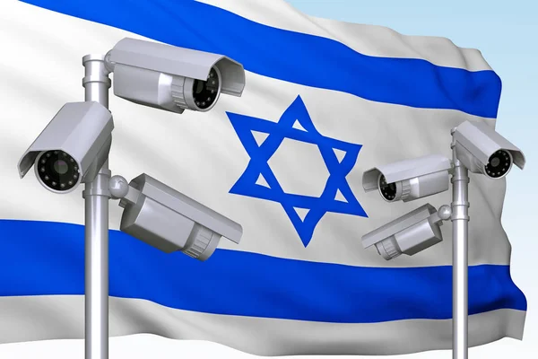 Group of video cameras on background of flag of Israel — Stock Photo, Image