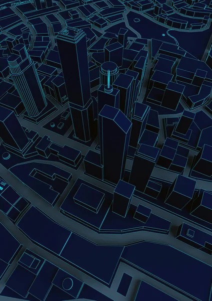 Negro abstracto baja ciudad polivinílica con líneas azules —  Fotos de Stock