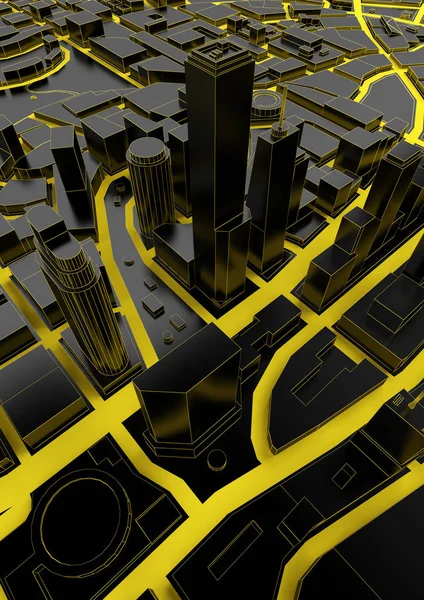 Zwarte lage poly stad met gele wegen — Stockfoto