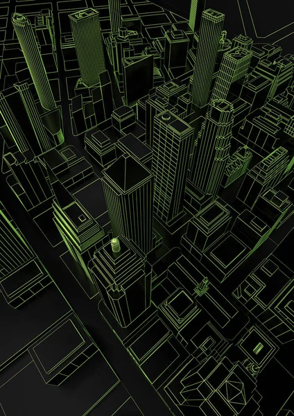 Μαύρο αφηρημένο χαμηλό πολυ πόλη με πράσινες γραμμές — Φωτογραφία Αρχείου
