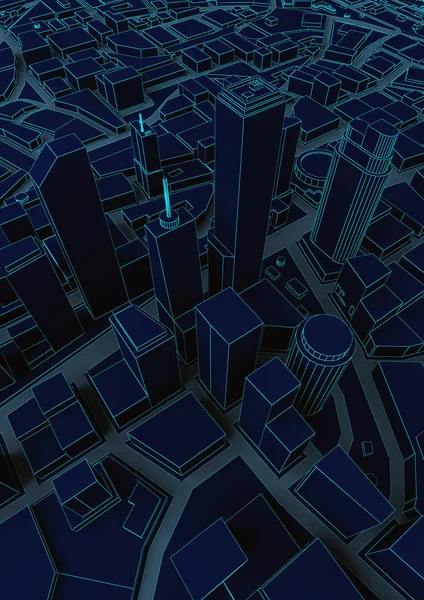 Zwarte abstracte laag poly stad met blauwe lijnen — Stockfoto