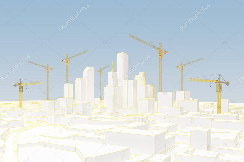 group of cranes in low poly city