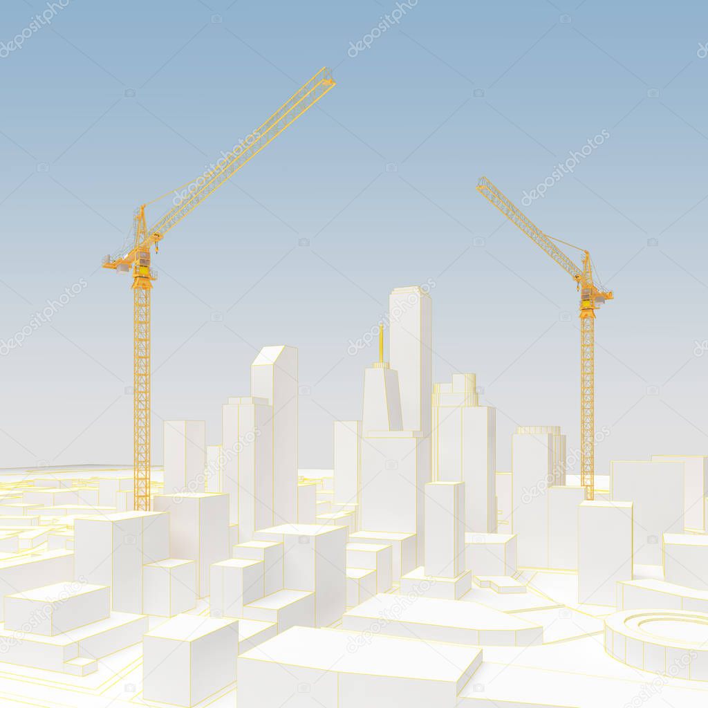 two of cranes in low poly city