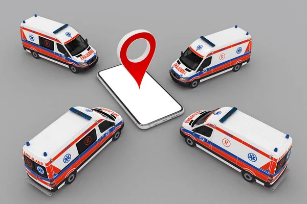 Ambulance band with smartphone and pin marker — Stock Photo, Image