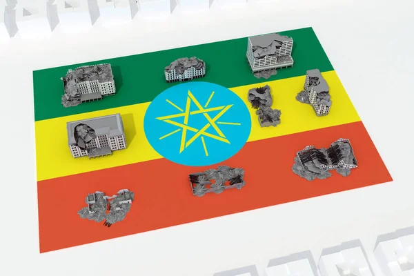 Zerstörte Gebäude auf Flagge des Landes Äthiopien — Stockfoto