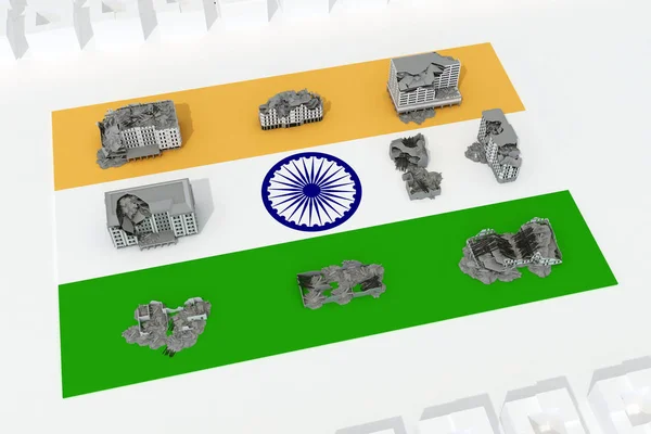 Зруйновані будівлі на прапорі країни Індії — стокове фото