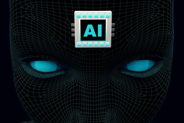 Concept hoofd met microchip AI op het voorhoofd — Stockfoto