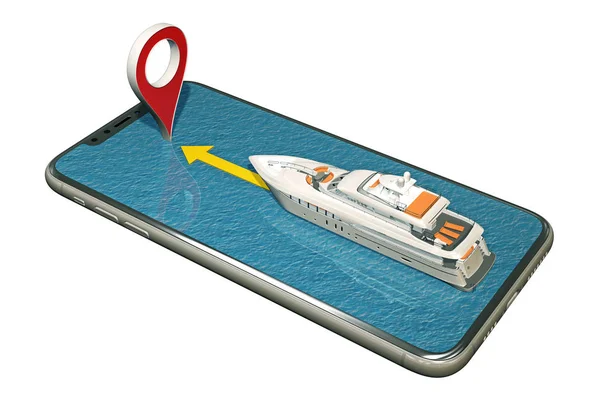 Boat floats on the smartphone to marker pin — Stock Photo, Image