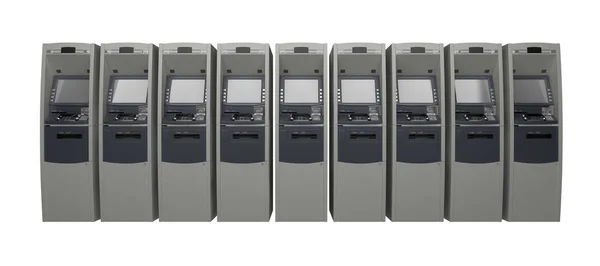Rij geldautomaten geïsoleerd op witte vooraanzicht — Stockfoto