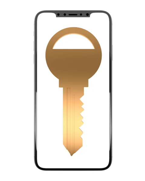 กุญแจทองบนมุมมองด้านหน้าของสมาร์ทโฟน — ภาพถ่ายสต็อก