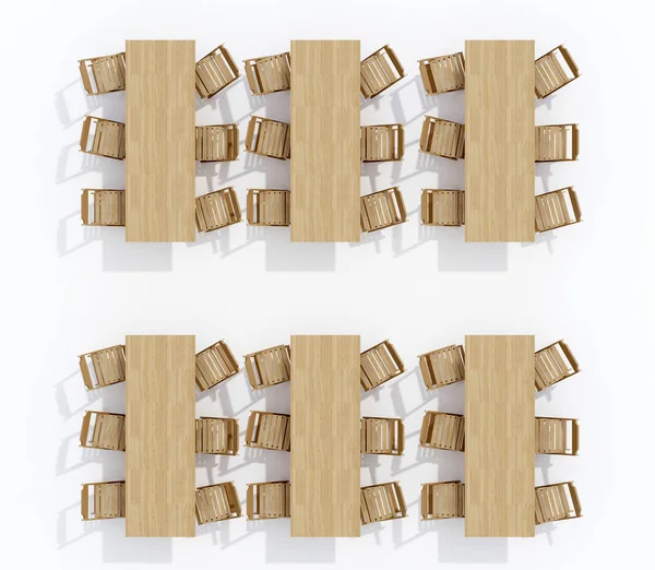 Gruppo di tavoli in legno con sedie vista dall'alto — Foto Stock