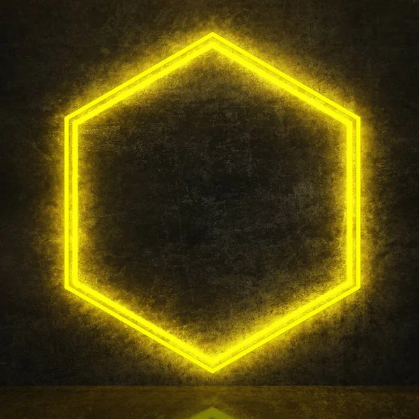 Gelbes Neon-Sechseck auf schwarzer Betonwand — Stockfoto