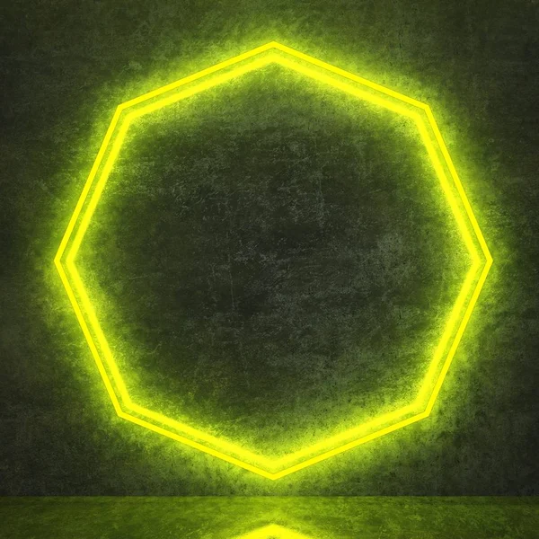 Grünes Neon-Oktaeder auf schwarzer Betonwand — Stockfoto