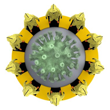 Kimyasal koruyucu giysiler içindeki bir grup insan koronavirüs bakterisinin etrafını sardı. 3d oluşturma
