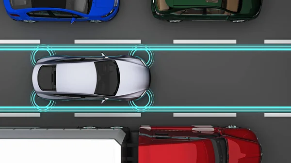 Sensörlü araba trafik akışının üst görüntüsünde. 3d oluşturma