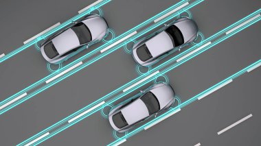 Sensörleri yol manzaralı üç araba. 3d oluşturma