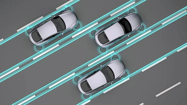 three cars with sensors on road top view. 3d rendering