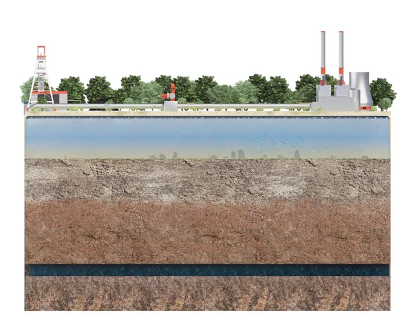 cut of layers of earth with water with industry. 3d rendering