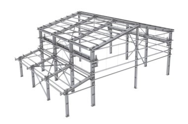 Çiftlik binasının metal iskeleti beyaza izole edilmiş. 3d oluşturma