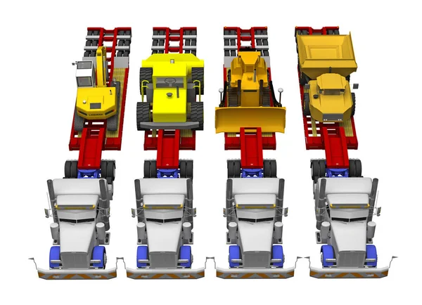 Vrachtwagens Die Bouwmachines Vervoeren Boven Zicht Geïsoleerd Wit Destructie — Stockfoto