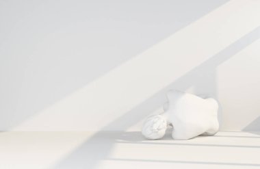 Boş bir odada ışık huzmesi olan beyaz çarpık bir kız figürü. 3d oluşturma