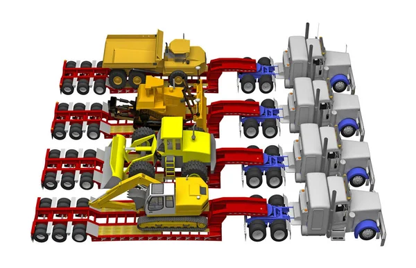 Вантажівки Перевозять Будівельне Обладнання Вище Ізольовані Білому Візуалізація — стокове фото