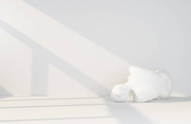 Boş bir odada ışık huzmesi olan beyaz çarpık bir kız figürü. 3d oluşturma
