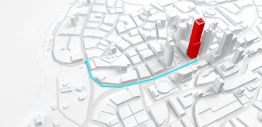 Soyut bir şehirdeki bir binaya giden yol kavramı. 3d oluşturma